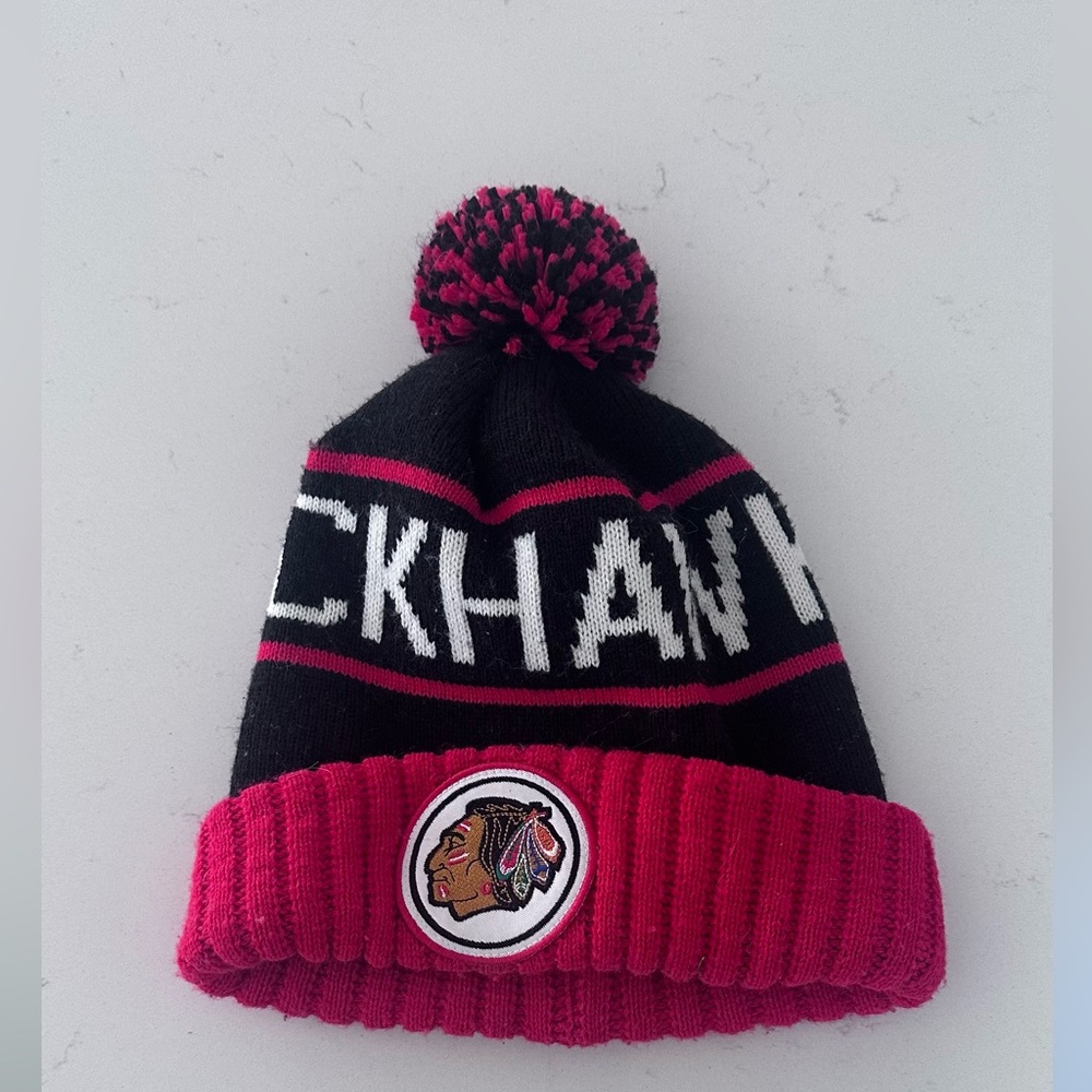 Black and Red Knit Pom Beanie with Embroidered Team Patch